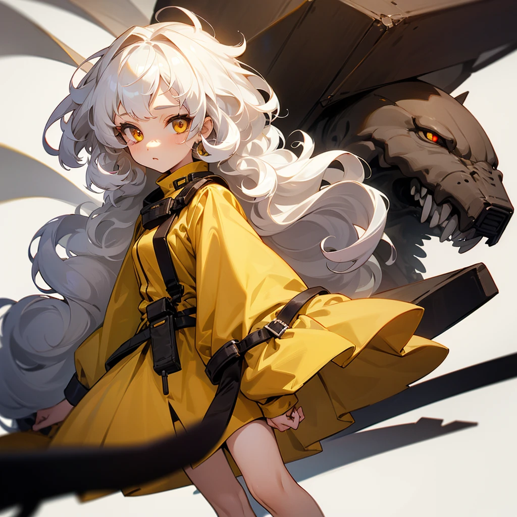 A girl with white hair (CURLY HAIR, LONG HAIR), yellow-eyed, wearing a modern brown dress. NO BACKGROUND. WHITE BACKGROUND.