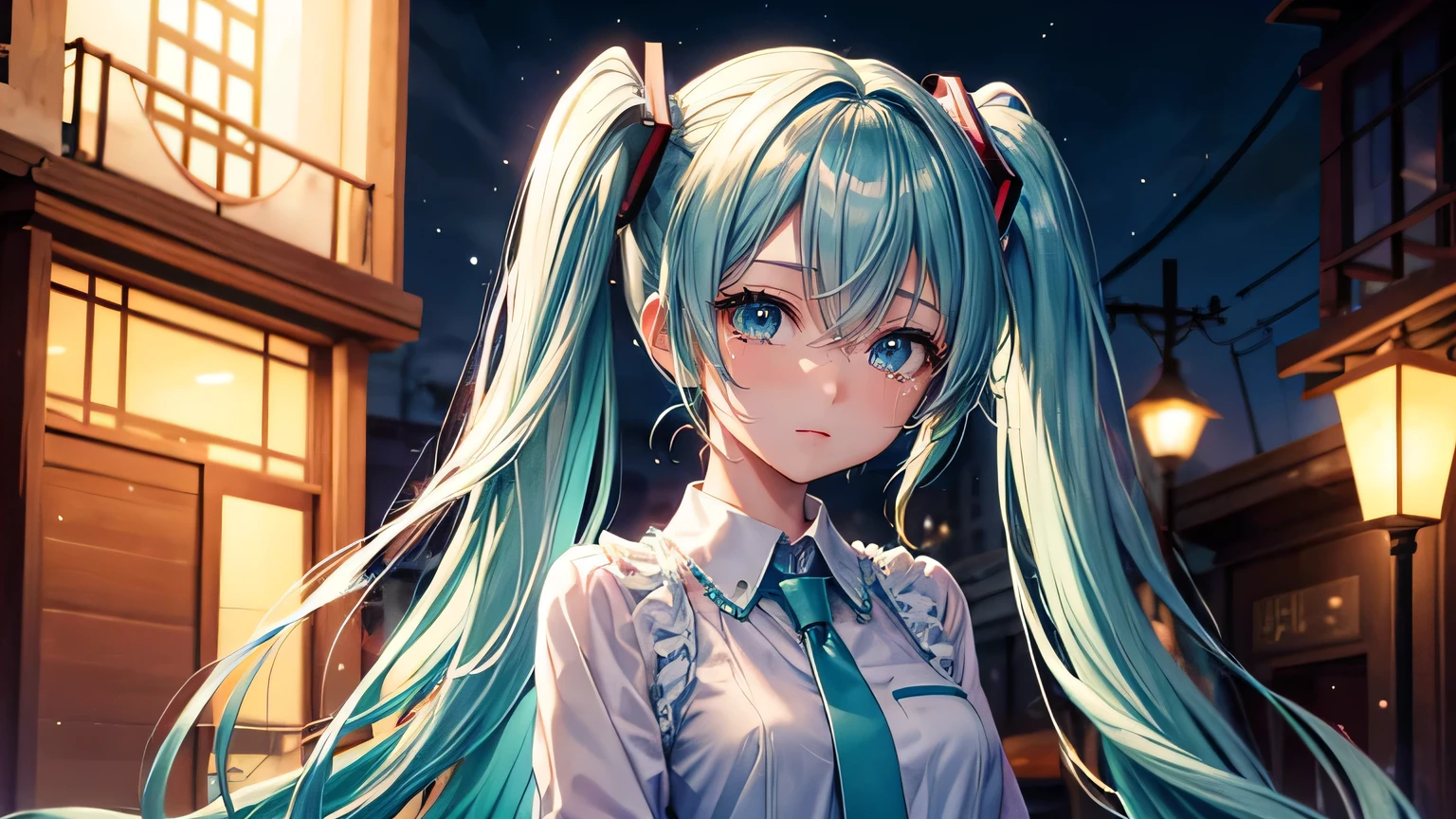 Hatsune Miku: 1.3, Beautiful Hair: 1.2, , night: 1.2,night,Night Town: 1.1, Ultra-high resolution, Accurate, Super detailed, Textured skin, High detail, highest quality, 8k,Thin bangs,Upper Body,Well-drawn eyes, Focus on the face,Oversized shirt,Detailed hair depiction,Detailed depiction of eyes、Detailed depiction of hair、Street lamp、Night Town、Watery eye、Crying face