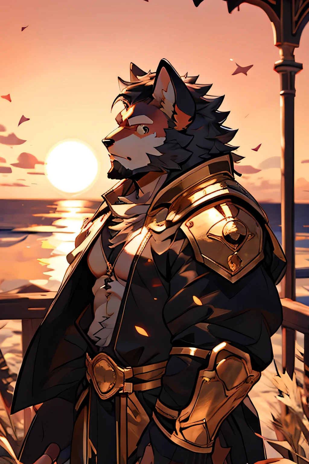 hairy,hairy,muscular complexion, Wearing golden armor,Dazzling,With pink metal details,Beautiful sunset as background