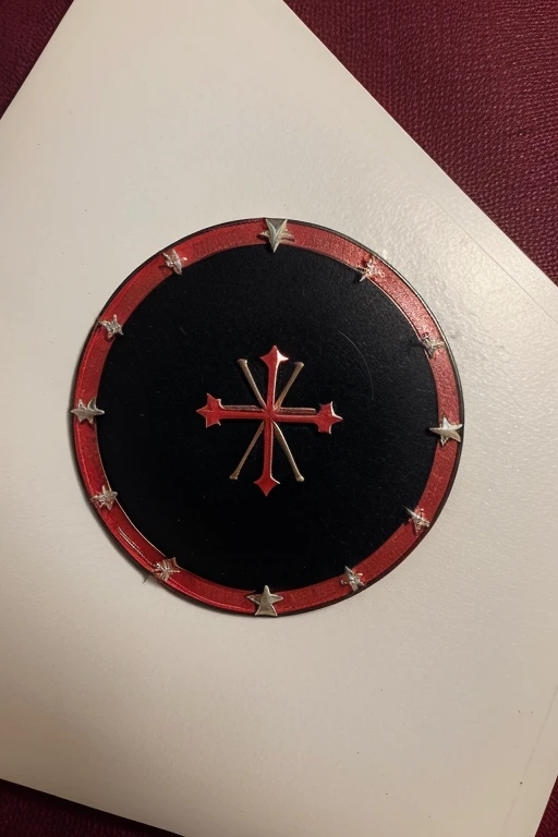 A round symbol, coat of arms style, with edges drawn in red. In the center of the symbol is a red Santiago cross, surrounded by three red stars grouped perfectly above, to the right and to the left of the symbol. The background inside the borders should be black.