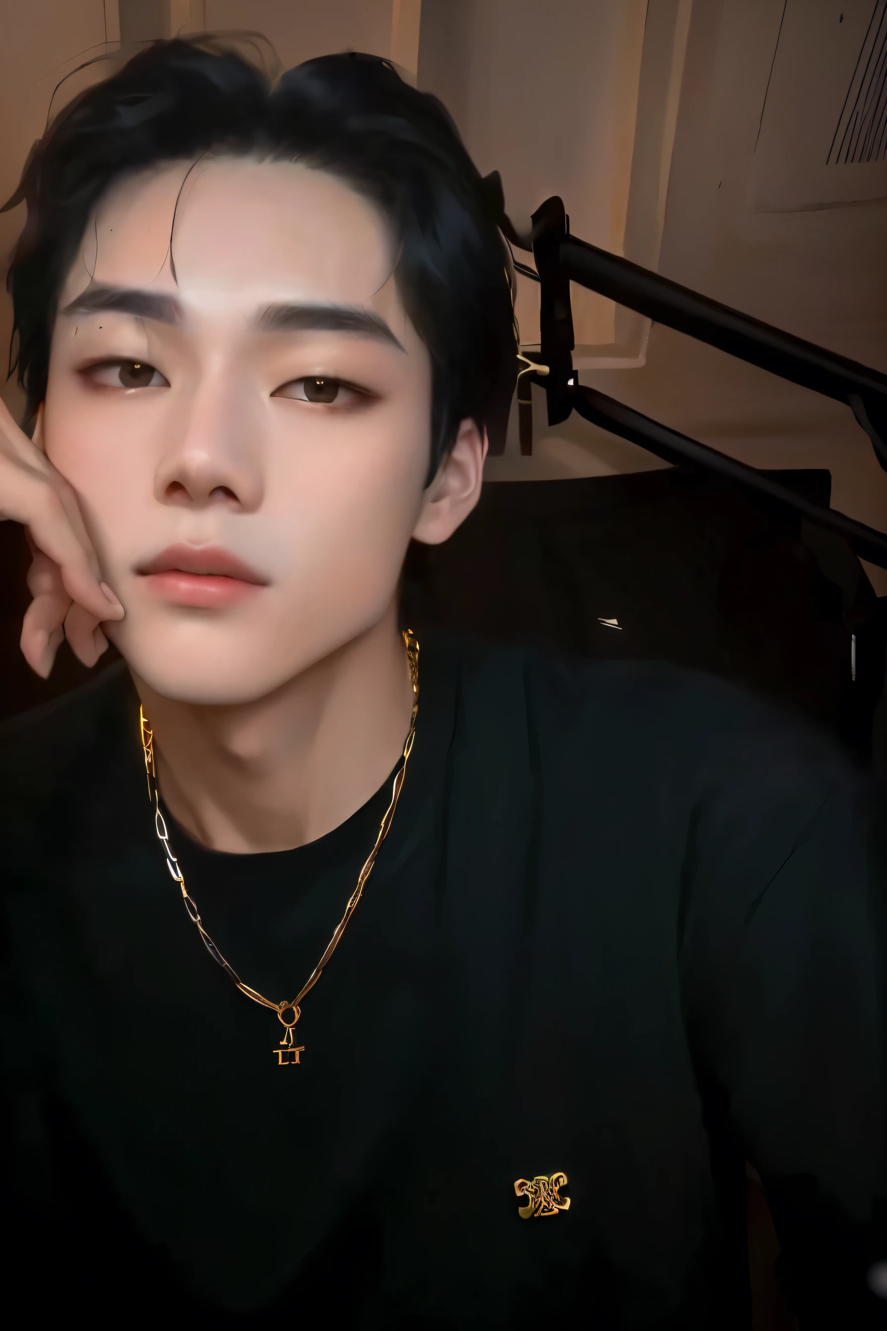 there is a man with a black shirt and a gold chain, 1 7 year old boy, visage maigre, pale adorable korean face, Kim Doyoung, Taehyung Gucci, cai xukun, inspiré de kim taehyung BTS