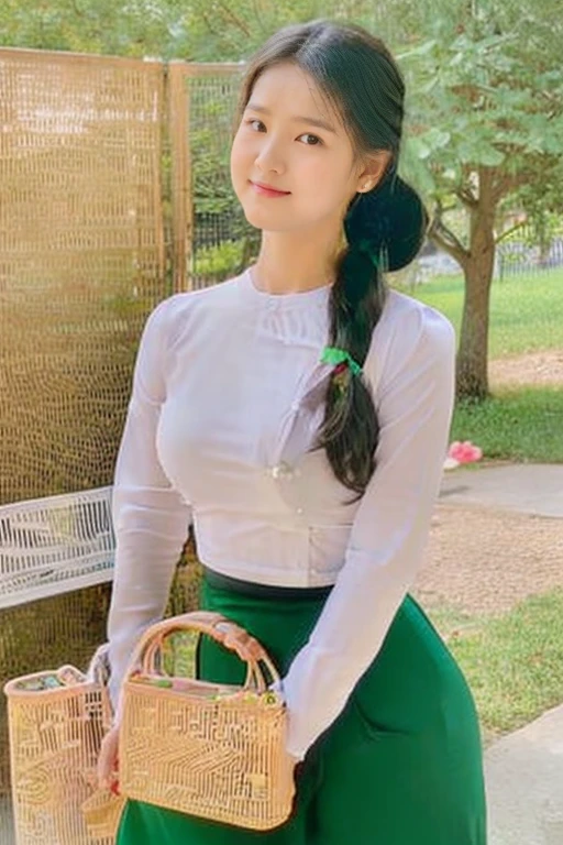 A school teacher is 30years old.Tall, thin, big hips, big breasts, black hair, small lips, brown eyes, attractive, K.Top=white Burmese blouse,With long sleeves,Buttoned at the side.Bottom=(Dark green) long skirt.
Footwear=female Burmese sandals,The hair is knotted bun.