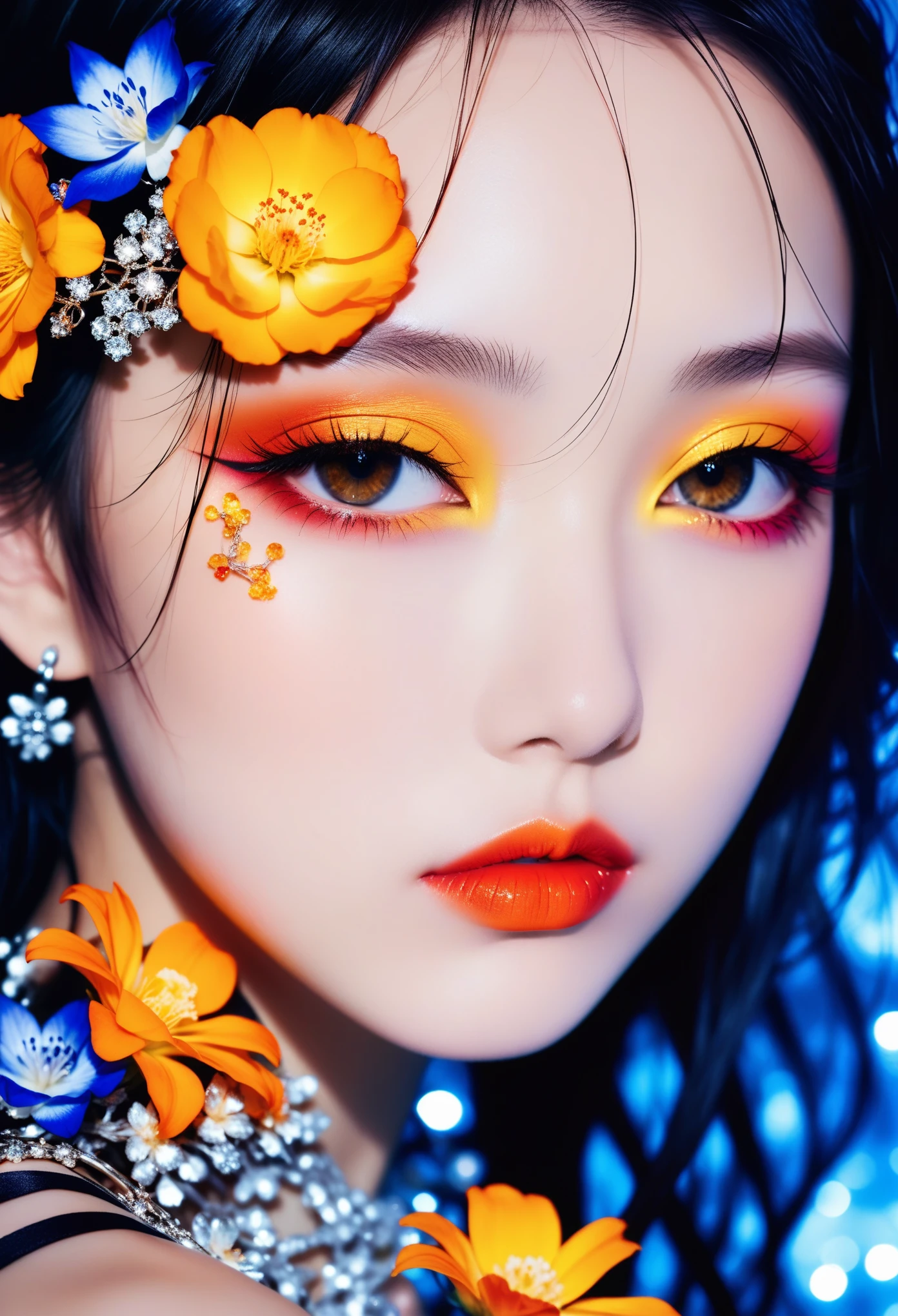 Mika Ninagawa Style.a beautifu girl.flowers **** ofcrystal and amber and silver,water,High Saturation,FashionEditorial,Photorealistic,Close-Up Shot.DSLR,