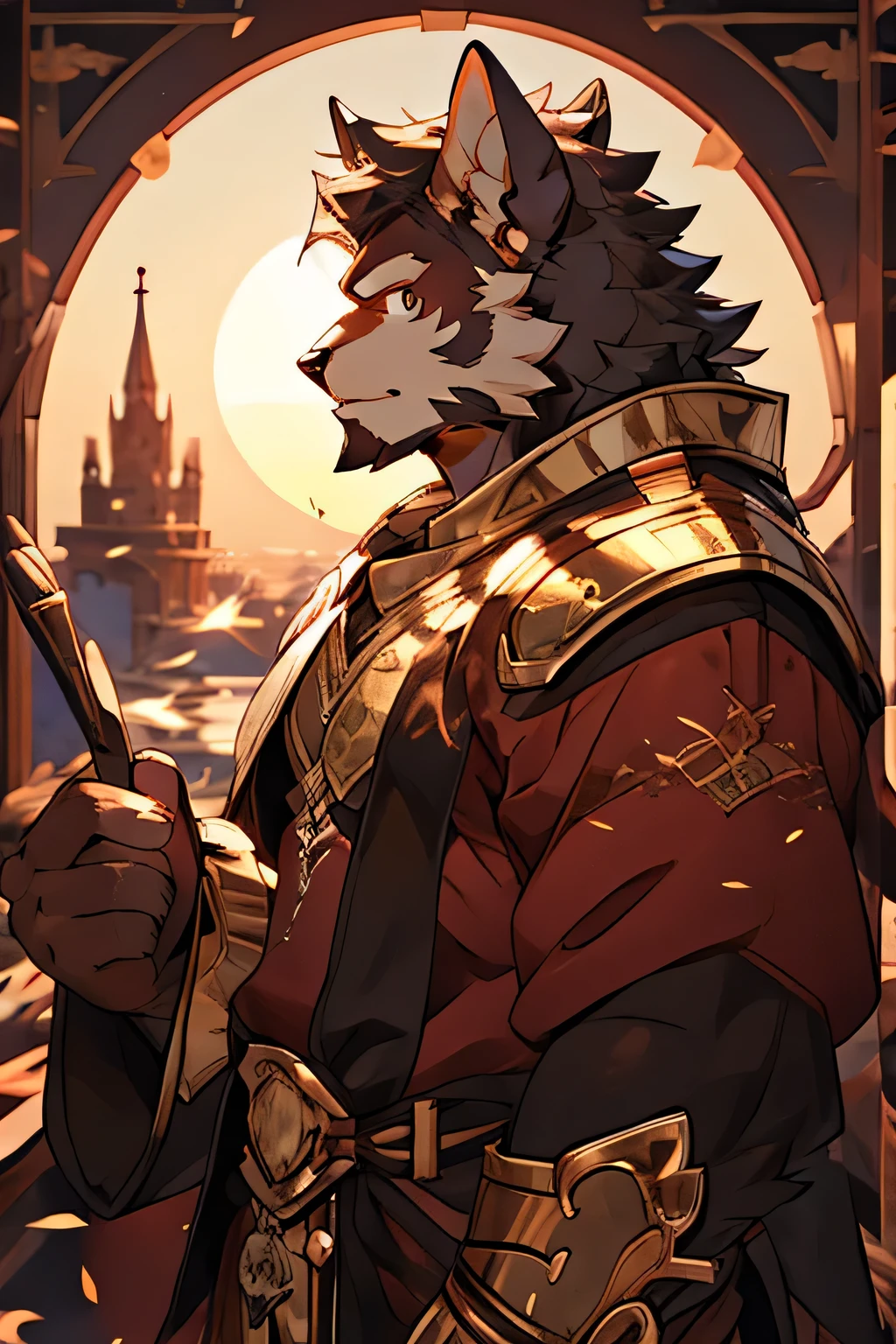 hairy，hairy，muscular complexion, Wearing golden armor，Dazzling，With pink metal details，Beautiful sunset as background