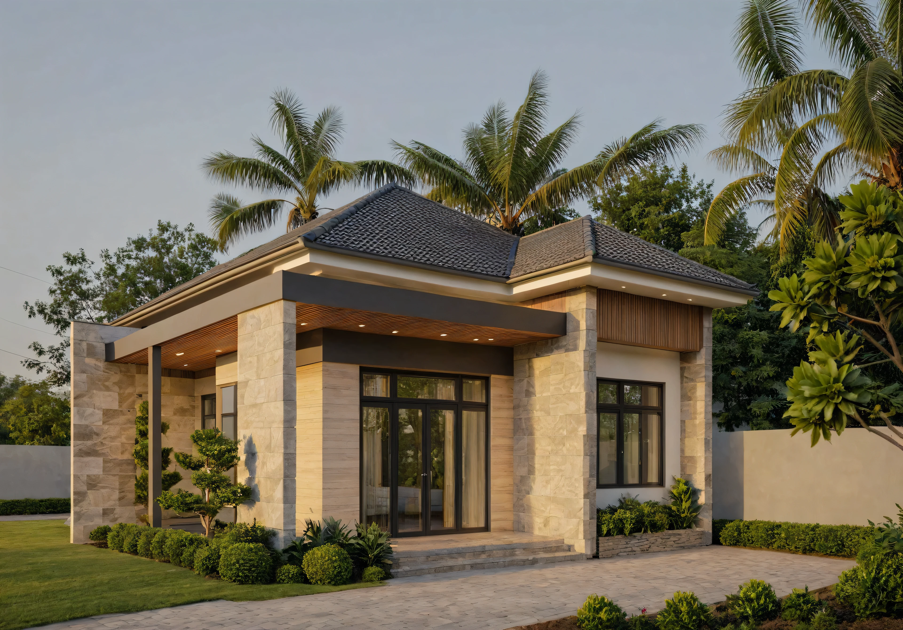 a view of a modern home with a large front yard, main material by white wall and stone and wood, 1 road runs in front of the house, (RAW photo, real, best quality, masterpiece:1.2), Morden minimalist look, 1 road in front of the house, shime ring light, light brightness from indoor:1.2, dynamic lighting:1.3, (hyper realistic, photo-realistic:1.2), high quality, day light, high contrast:0.5 perfect lighting, archdaily, award winning contemporary, contemporary masterpiece, well-designed masterpiece, large modern residence, neotraditional modern, wide angle exterior 2024, midcentury modern, contemporary house, hip modern vibe, a long-shot from front, award winning modern design, stunning lines, residential, subtle detailing, light indoor:1.3
