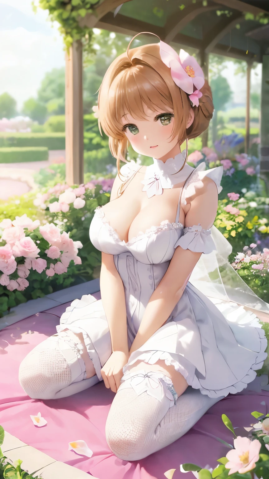 Delicate Composition, hyper detailed, best quality, blurry foreground, dynamic view, 1 girl, (seductive smile:0.6), solo, large breasts, hair in takes, beautiful detailed garden, fluttered detailed petal, grow, (white fishnet tights), kinomoto sakura, kneeling