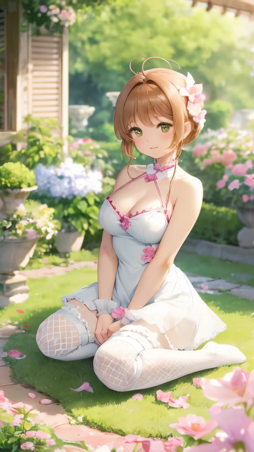 Delicate Composition, hyper detailed, best quality, blurry foreground, dynamic view, 1 girl, (seductive smile:0.6), solo, large breasts, hair in takes, beautiful detailed garden, fluttered detailed petal, grow, (white fishnet tights), kinomoto sakura, kneeling