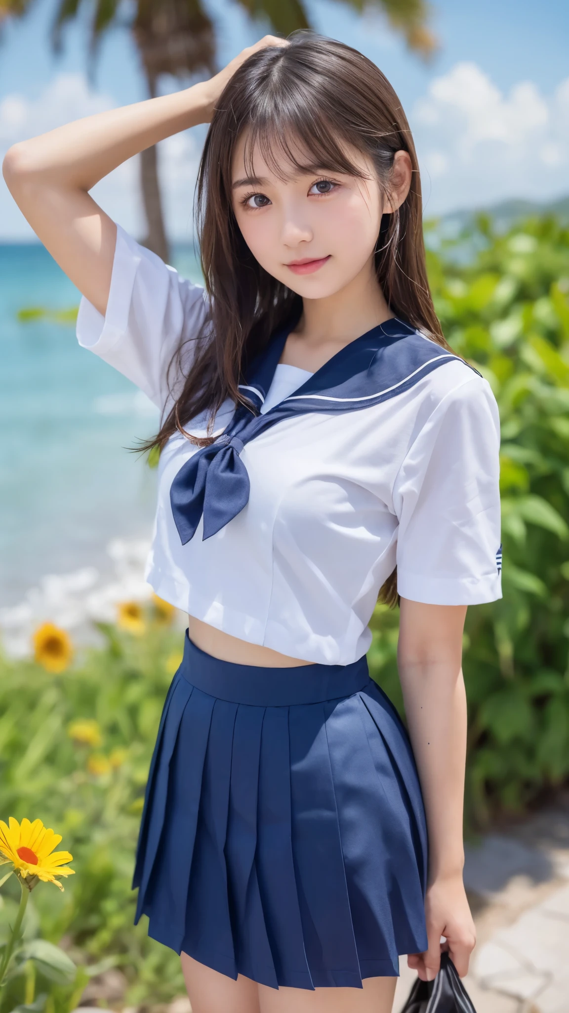 (best quality, 8k, 32k, masterpiece, UHD:1.2), (RAW photo), (realistic), (photorealistic:1.2), (high resolution), huge filesize, ultra-detailed, extremely beautiful face & eyes, perfect double eyelid, 1girl, japanese elementary school student,, 13yoyo, rosmall face, baby face, thin waist, beautiful belly skin, large breasts, slim proportions, perfect thin thighs, small butt, (darkblue pleated mini skirt, japanese sailor, sailor fuku, serafuku, japanese school sailor suit, sailor red neckerchief), nice hands, perfect hands, accurate hand depiction, sweaty, shy smile, pure white teeth, from below, (blue sky, summer, sun, beach, palm tree, outdoors), portrait photography,