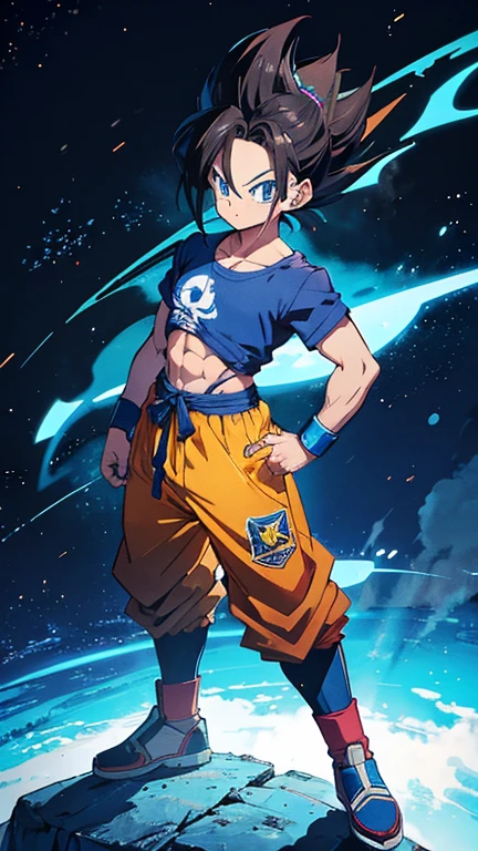 Videu de dragon ball, trasfomanda em super sayajen ,com roupa estilo maloqueira,none in the head, cabelo longo, peito grande corpo natural bunda grande detalhada roupa maloqueira ultra realista,camisa grande ate o joelho, calca de skatista sapato de skatista azul, brinco na orelha, boca pequena nariz medio, pose de maloqueira gangsts,fundo neon azul