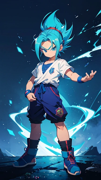 Videu de dragon ball, trasfomanda em super sayajen ,com roupa estilo maloqueira,none in the head, cabelo longo, peito grande corpo natural bunda grande detalhada roupa maloqueira ultra realista,camisa grande ate o joelho, calca de skatista sapato de skatista azul, brinco na orelha, boca pequena nariz medio, pose de maloqueira gangsts,fundo neon azul