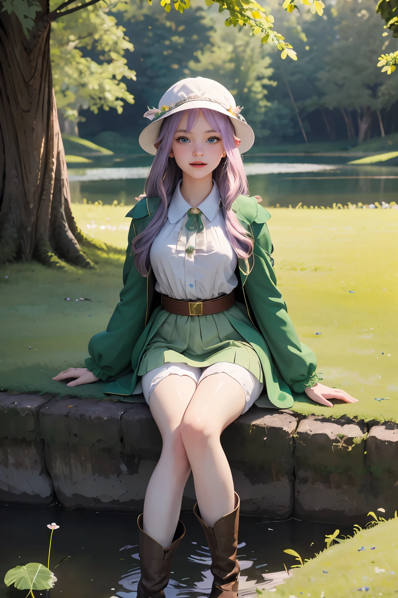 best quality, (masterpiece:1.2), illustration, absurdres,  (1girl, solo), (beautiful detailed girl),, Aeolia, lilac hair, long hair, red eyes, medium breasts,, happy, cheerful,, green hat, hat with feather ornament, green dress, green coat, (fantasy:1.1) (medieval:1.1) outfit, (black_pantyhose:1.1), white shirt, brown shorts, fleece lined boots, brown boots,, magical forest, flowers, fairy ring, ancient ruins, stone ruins, lake, sky, clouds