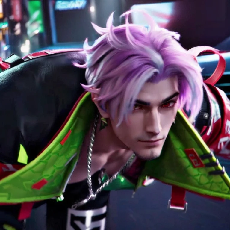 a close up of a person with a purple hair and a green jacket, as a character in tekken, game cg, xqc, cai xukun, v from devil may cry as an elf, from final fantasy, from kingdom hearts, character from king of fighters, video game screenshot, 2020 video game screenshot, style game square enix