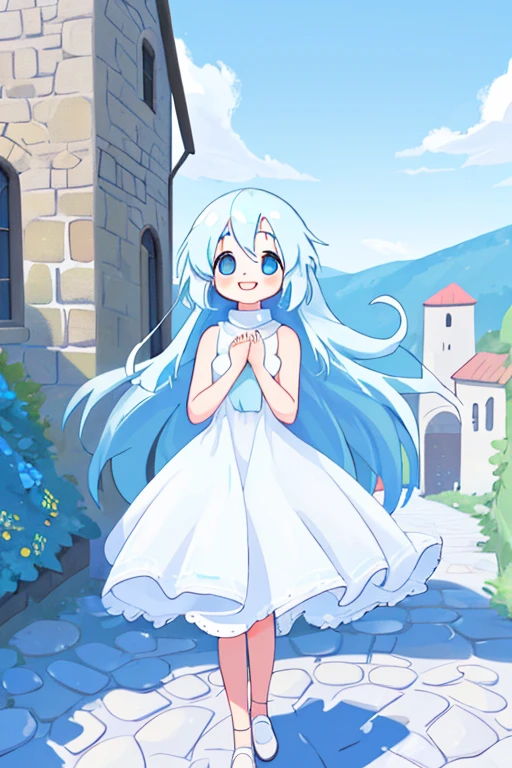 high resolution,high quality,Girl1people,Light blue hair,semi-long,Sleeveless dress,White dress,looking at the camera,smile,Cobblestone road,Blue sky,Low Gaze