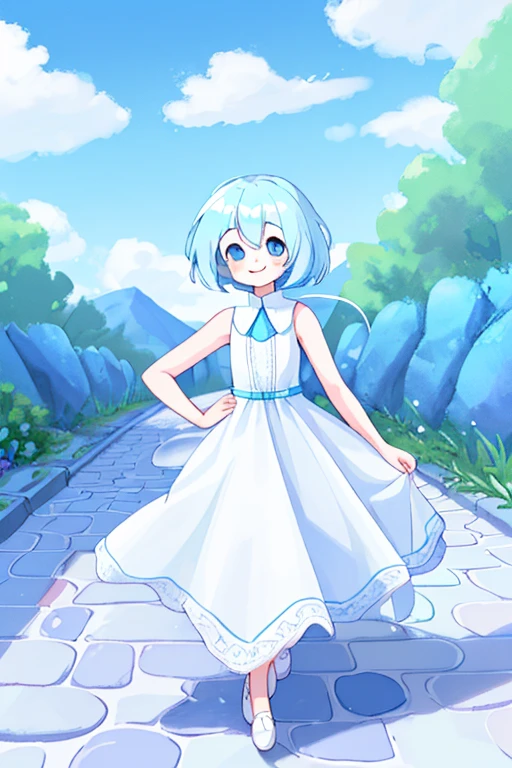 high resolution,high quality,Girl1people,Light blue hair,semi-long,Sleeveless dress,White dress,looking at the camera,smile,Cobblestone road,Blue sky,Low Gaze