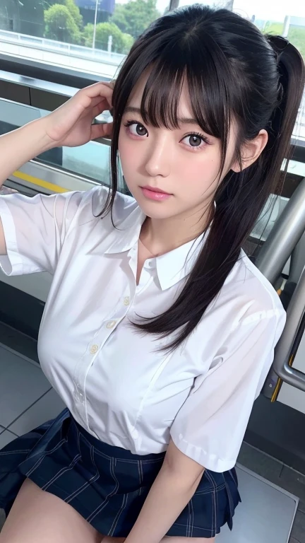 8K、Detailed Description、Very high definition、Realistic、reality的、Real、live-action、reality、High resolution、Nogizaka46、japanese idol,beautiful girl、21 years old、Top view、Mouth closed、ponytail、Knee-up-top angle of view、Railway stations、school uniform、Short sleeve shirt、Checkered Skirt、半袖の高校の、Very black hair、pretty girl、Beauty、Glowing Skin、Glowing Skin、Shiny Hair、Very white skin、Heavy makeup、Large Breasts、Slit eyes、Big Eyes、Double eyelids、Don't show your teeth、Looking up、Bend over and look down here、smile、School bag、High school bag