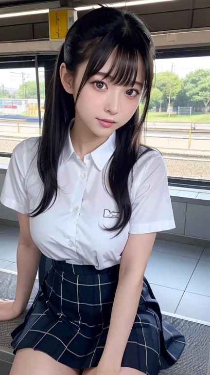 8K、Detailed Description、Very high definition、Realistic、reality的、Real、live-action、reality、High resolution、Nogizaka46、japanese idol,beautiful girl、21 years old、Top view、Mouth closed、ponytail、Knee-up-top angle of view、Railway stations、school uniform、Short sleeve shirt、Checkered Skirt、半袖の高校の、Very black hair、pretty girl、Beauty、Glowing Skin、Glowing Skin、Shiny Hair、Very white skin、Heavy makeup、Large Breasts、Slit eyes、Big Eyes、Double eyelids、Don&#39;t show your teeth、Looking up、Bend over and look down here、smile、School bag、High school bag