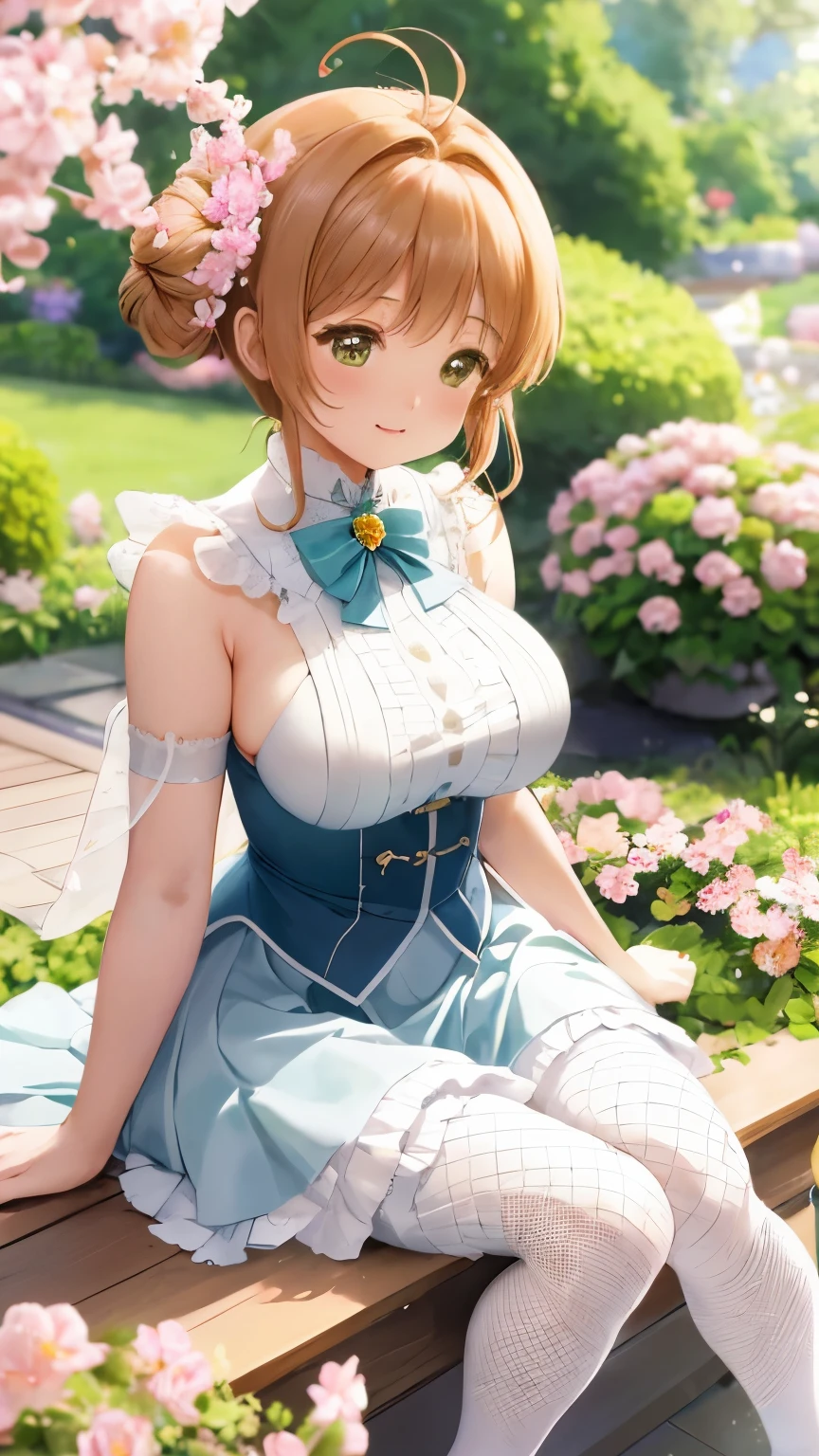 Delicate Composition, hyper detailed, best quality, blurry foreground, dynamic view, 1 girl, (seductive smile:0.6), solo, large breasts, hair in takes, beautiful detailed garden, fluttered detailed petal, grow, (white fishnet tights), kinomoto sakura, sitting