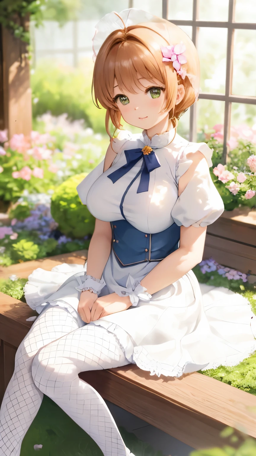 Delicate Composition, hyper detailed, best quality, blurry foreground, dynamic view, 1 girl, (seductive smile:0.6), solo, large breasts, hair in takes, beautiful detailed garden, fluttered detailed petal, grow, (white fishnet tights), kinomoto sakura, sitting