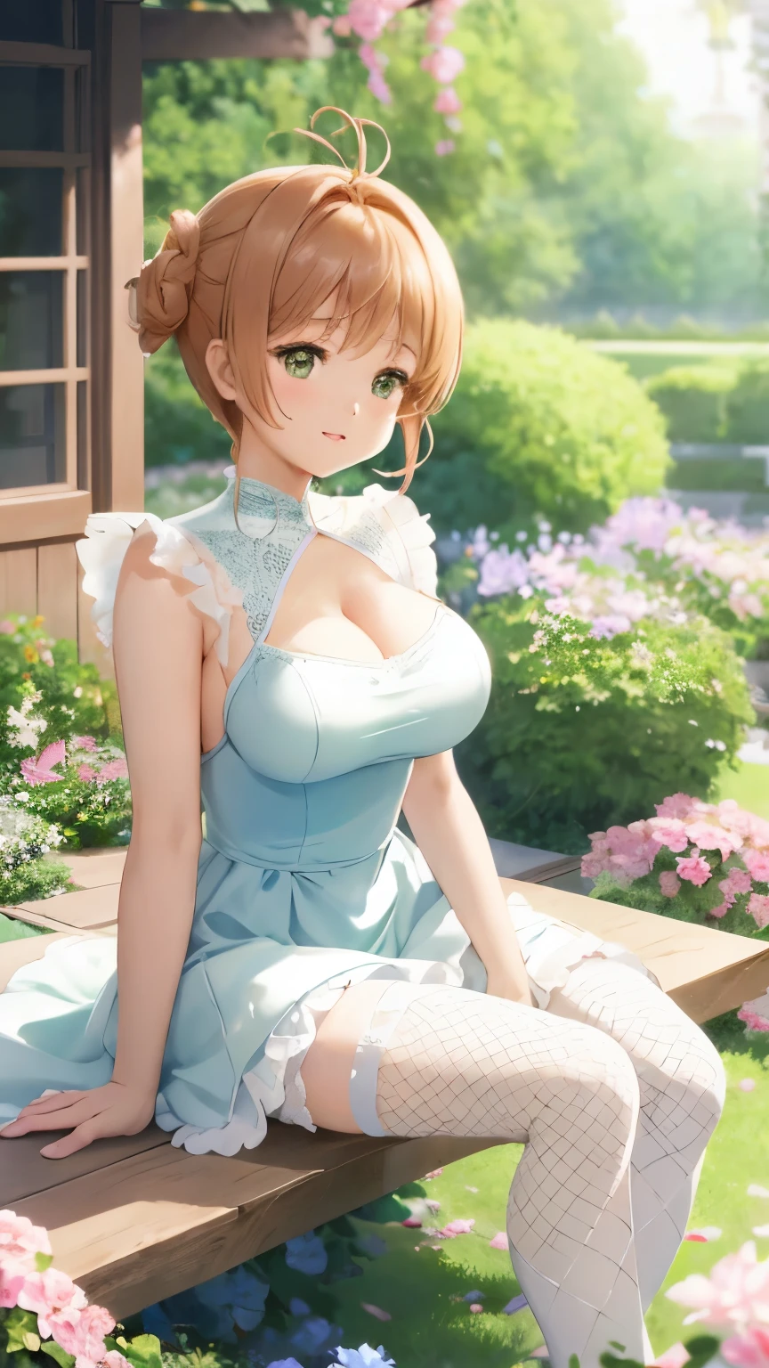 Delicate Composition, hyper detailed, best quality, blurry foreground, dynamic view, 1 girl, (seductive smile:0.6), solo, large breasts, hair in takes, beautiful detailed garden, fluttered detailed petal, grow, (white fishnet tights), kinomoto sakura, sitting