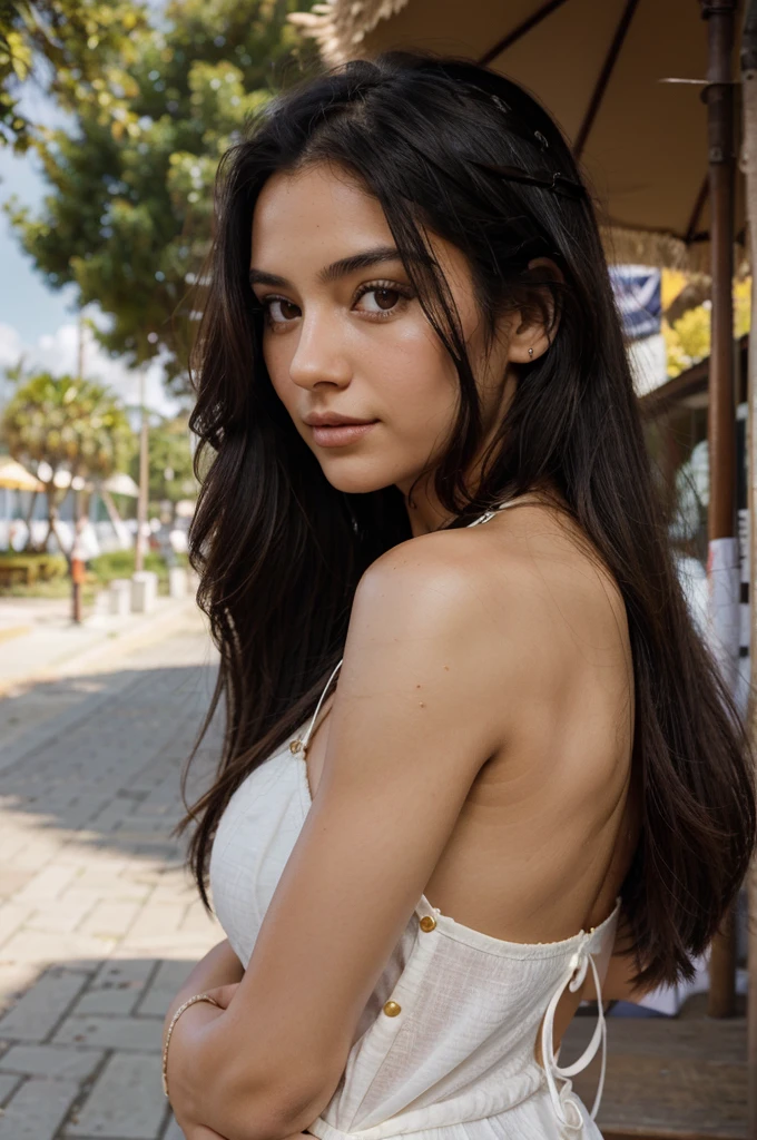 A photorealistic portrait of a sexy and attractive 21 year old Colombian girl with long flowing black hair andstriking dark eyes. She should have a natural,accessible expression and be illuminated bya soft, golden sun. The background shouldbe a picturesque outdoor setting, perhaps a sunny parkor at the beach. Capture this image with ahigh-resolution photography using an 85mm lensfor a flattering outlook