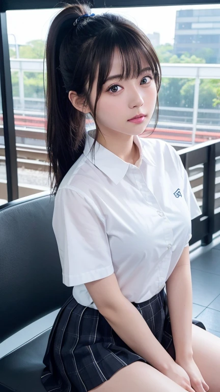 8K、Detailed Description、Very high definition、Realistic、reality的、Real、live-action、reality、High resolution、Nogizaka46、japanese idol,beautiful girl、21 years old、Top view、Mouth closed、ponytail、Knee-up-top angle of view、Railway stations、school uniform、Short sleeve shirt、Checkered Skirt、半袖の高校の、Very black hair、pretty girl、Beauty、Glowing Skin、Glowing Skin、Shiny Hair、Very white skin、Heavy makeup、Large Breasts、Slit eyes、Big Eyes、Double eyelids、Don't show your teeth、Looking up、Bend over and look down here、smile、rucksack