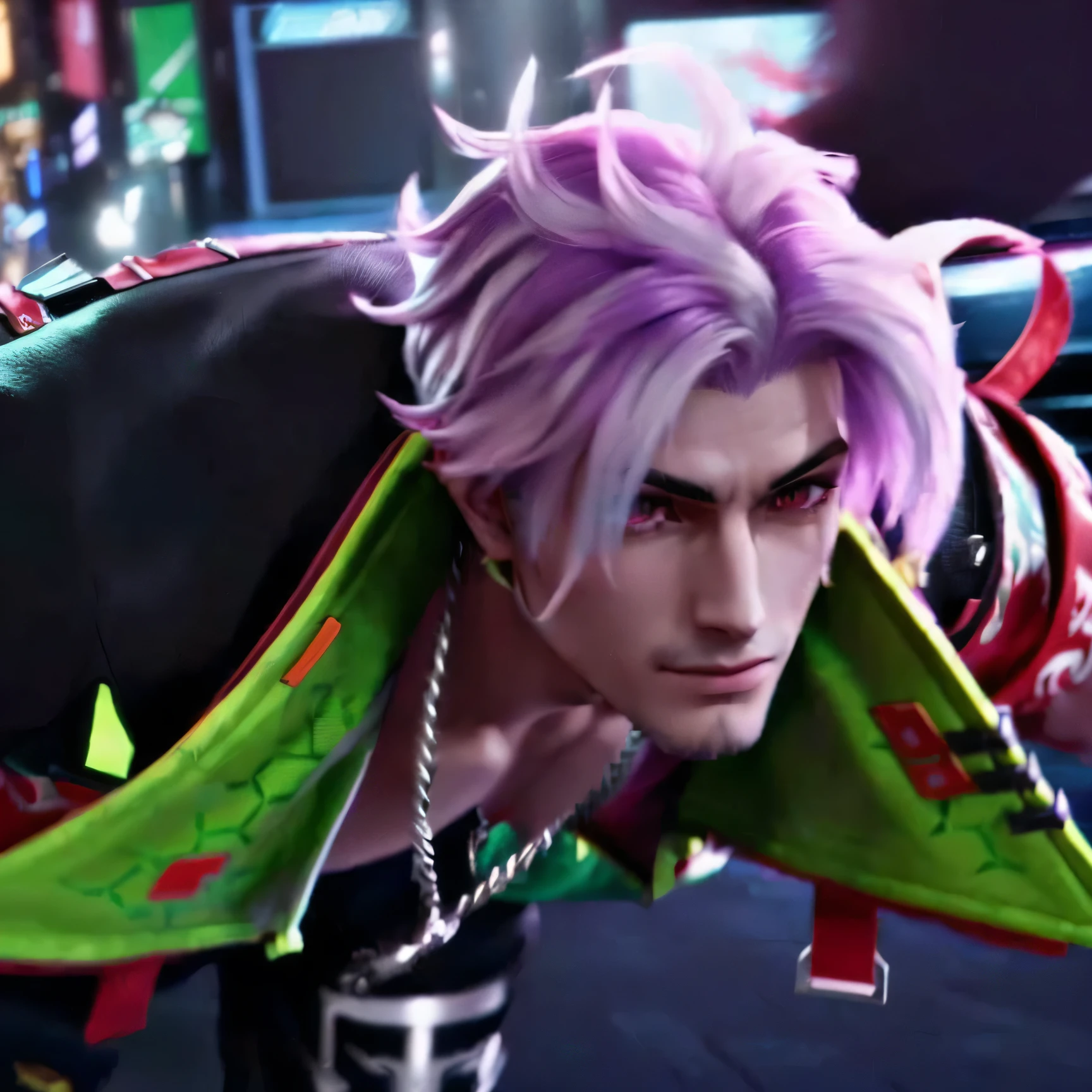 a close up of a person with a purple hair and a green jacket, as a character in tekken, game cg, xqc, cai xukun, v from devil may cry as an elf, from final fantasy, from kingdom hearts, character from king of fighters, video game screenshot, 2020 video game screenshot, style game square enix