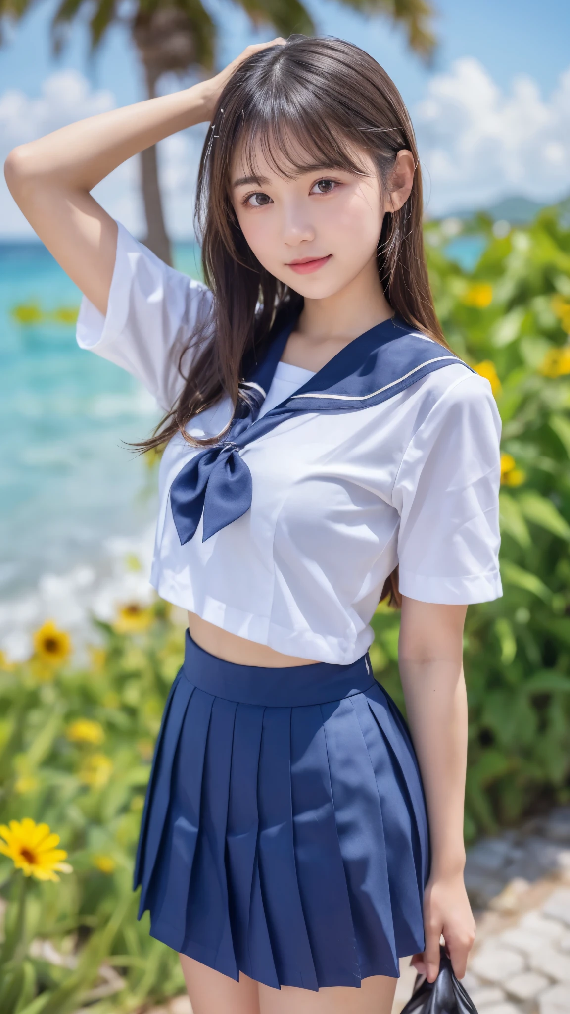 (best quality, 8k, 32k, masterpiece, UHD:1.2), (RAW photo), (realistic), (photorealistic:1.2), (high resolution), huge filesize, ultra-detailed, extremely beautiful face & eyes, perfect double eyelid, 1girl, japanese ,14yo, 13yo, 12yo, round s face,y facein waist, beautiful bellarge breasts, slim proportions, perfect thin thighs, small butt, (darkblue pleated mini skirt, japanese sailor, sailor fuku, serafuku, japanese school sailor suit, sailor red neckerchief), nice hands, perfect hands, accurate hand depiction, sweaty, shy smile, pure white teeth, from below, (blue sky, summer, sun, beach, palm tree, outdoors), portrait photography,