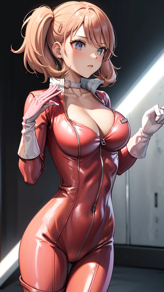 masterpiece, best quality, highres, 1girl, solo, AnnTak, MetaCL, wearing MetaCL, red bodysuit, clothing cutout, TAKEBAARENA, PINK BODYSUIT, WHITE GLOVES, CHOKER, CLEAVAGE, happy, cowbow shot, dressing room