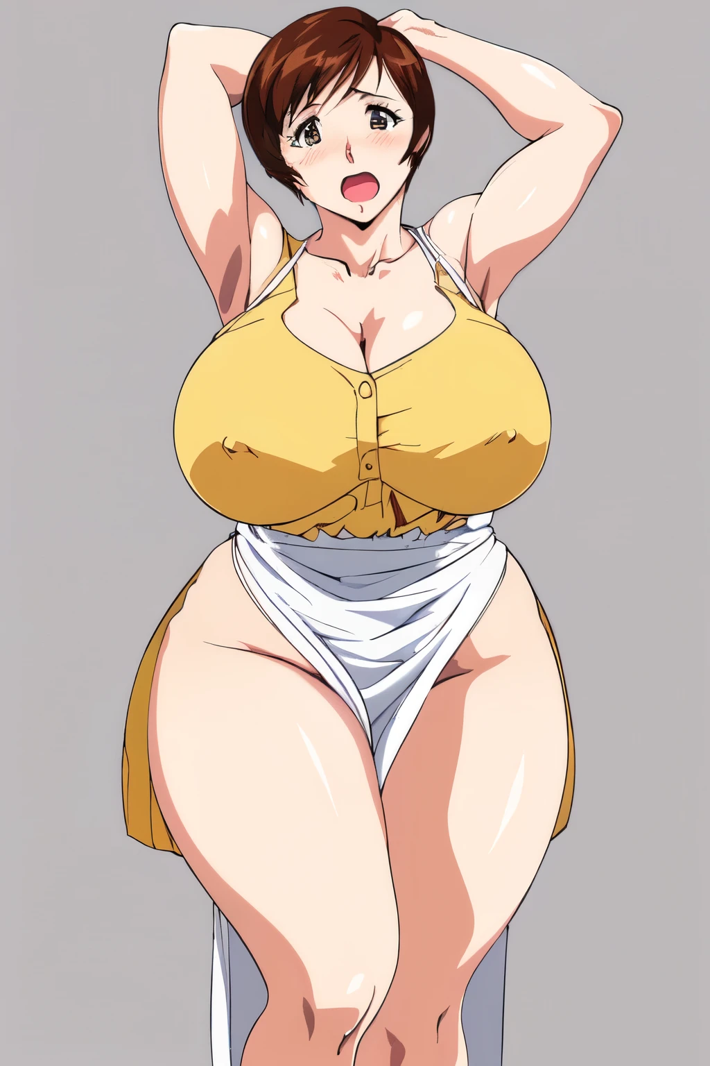 masterpiece, highest quality, High resolution, One Girl, alone, alone, sexual intercourse, Pornographic image, short hair, etsukoto, brown eyes, fine grain, fine grain, (((Thick thighs, Plump thighs, Voluptuous thighs, Thighs are enough))), Big and ample breasts, Cleavage, Huge long breasts, Naughty big,((Big breasts are important))、((Naughty thighs)), L Cup, (thin:1.4),(Tight waist:1.4),  (yellow dress:1.4), ((white waist apron)), Embarrassed look, open mouth, looking away, white panties, (((Simple Background))), ((Wide Hips)), Shiny, Oily skin, Mature mother, Calf, Seductive mature woman, Perfect body, Plus Size Model, etsukoto, blush, clavicle, retro artstyle, 1990s (style), (((arms up))), (((panty slip, panty aside))), nsfw,