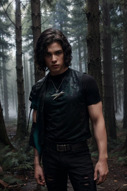 Zackary Arthur, Jake Webber, Teen Wolf, 16 years old, short curly and messy black hair, green eyes, black vest, military shirt with lightning bolt print, black jeans, black combat boots. silver pendant, white wolf print. Forest background with fog aura around black color.