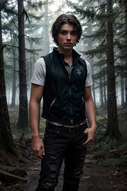 Zackary Arthur, Jake Webber, Wolf, 16 yort curly and messy black hair, green eyes, black vest, military shirt with lightning bolt print, black jeans, black combat boots. silver pendant, white wolf print. Forest background with fog aura around black color.