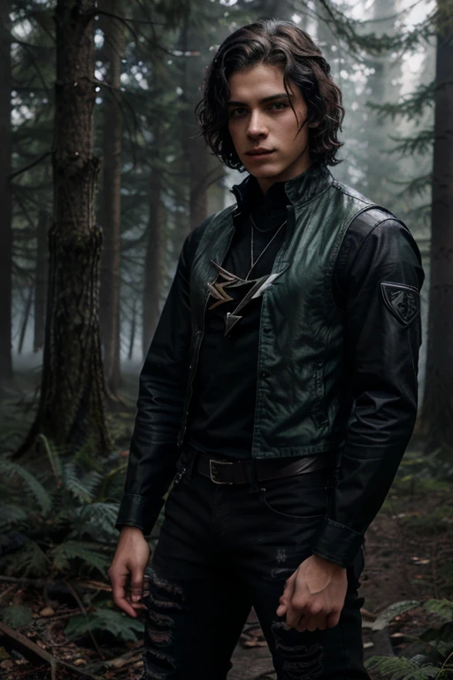 Zackary Arthur, Jake Webber, Teen Wolf, 16 years old, short curly and messy black hair, green eyes, black vest, military shirt with lightning bolt print, black jeans, black combat boots. silver pendant, white wolf print. Forest background with fog aura around black color.