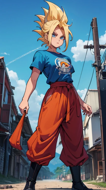 Videu de dragon ball, trasfomanda em super sayajen ,com roupa estilo maloqueira,none in the head, cabelo longo, peito grande corpo natural bunda grande detalhada roupa maloqueira ultra realista,camisa grande ate o joelho, calca de skatista sapato de skatista azul, brinco na orelha, boca pequena nariz medio, pose de maloqueira gangsts,fundo neon azul