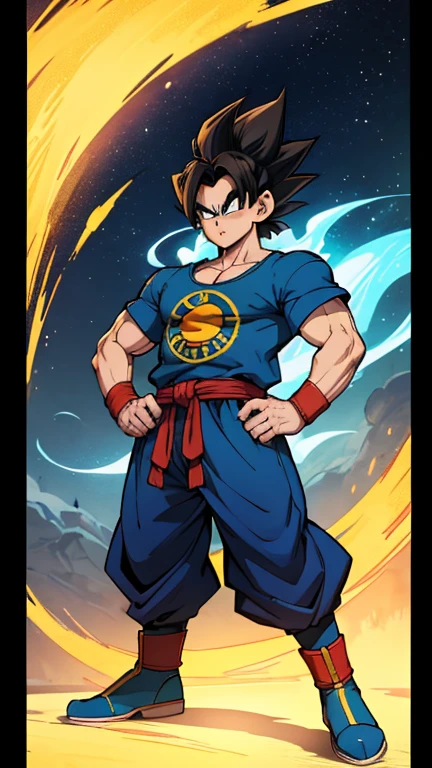 Videu de dragon ball, trasfomanda em super sayajen ,com roupa estilo maloqueira,none in the head, cabelo longo, peito grande corpo natural bunda grande detalhada roupa maloqueira ultra realista,camisa grande ate o joelho, calca de skatista sapato de skatista azul, brinco na orelha, boca pequena nariz medio, pose de maloqueira gangsts,fundo neon azul