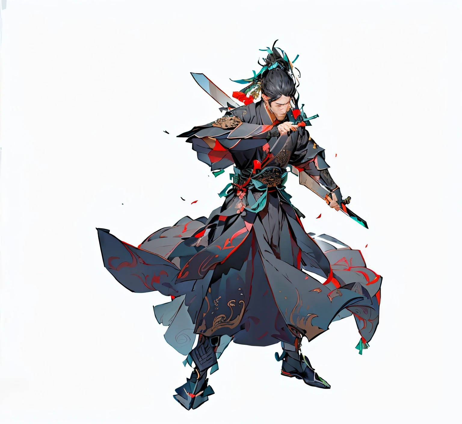 A man in a black dress holding a sword, Very detailed and rich costumes, Chen Jiru, heise jinyao, Full body martial arts, full body xianxia, author：Yang Jie, cai xukun, Inspired by Cao Zhibai, Inspired by Zhang Sengyou, Moon Themed Clothing, Since the Warring States Period，，Flying fish suit，Overlooking角，Overlooking角，Overlooking，Overlooking，Standing，One-handed sword，Wipe mouth with right hand，Looking down from above