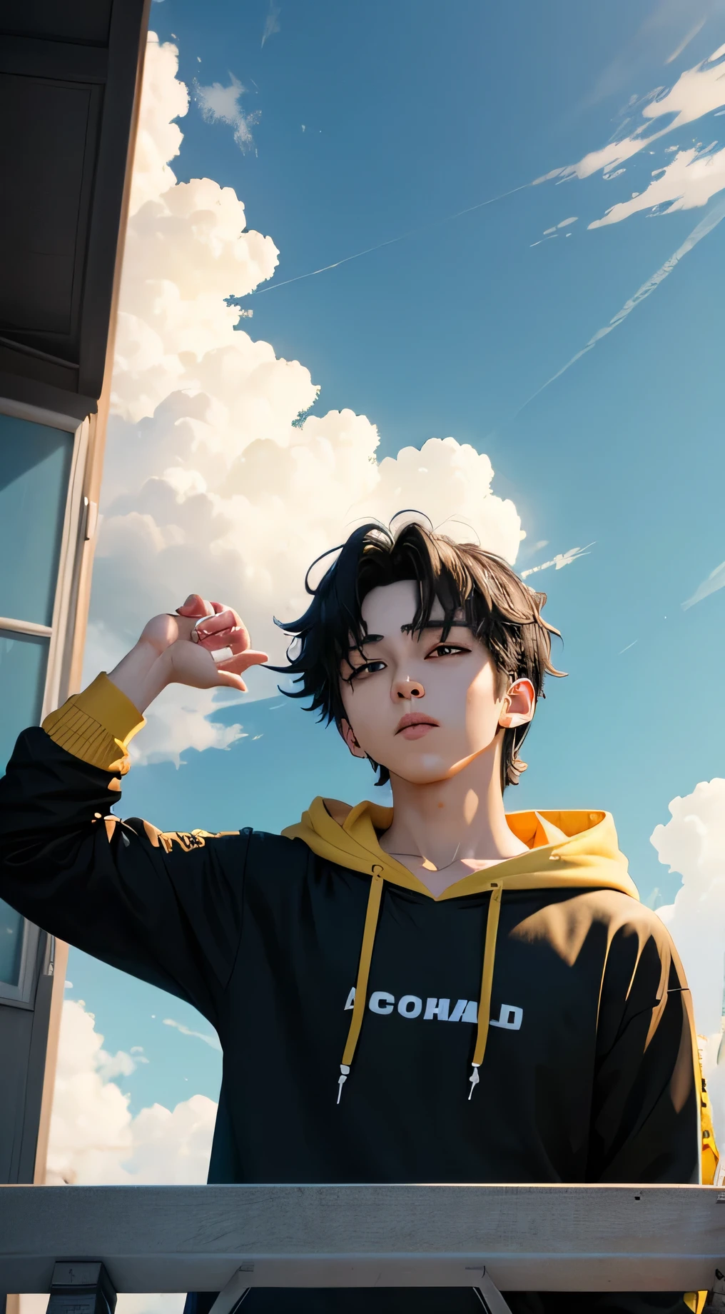 bts member jungkook anime, black hair, wear yellow hoodie, looking at the sky, sky with clouds, afternoon, lo-fi, camera from below