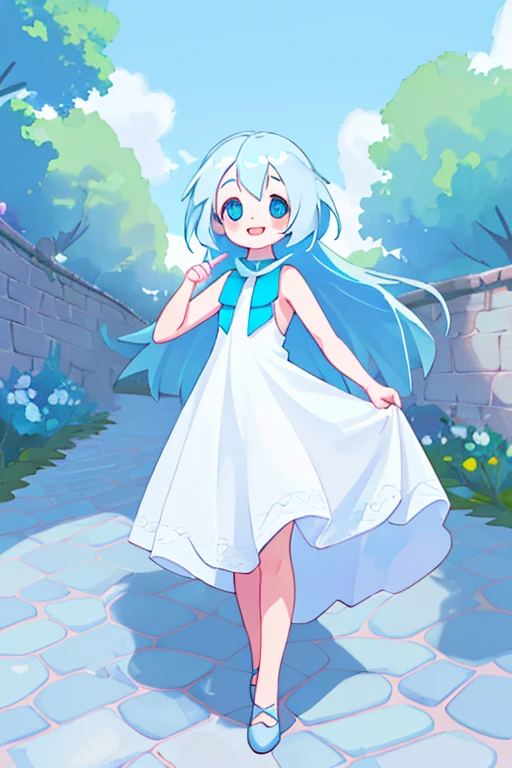 high resolution,high quality,Girl１people,Light blue hair,semi-long,Sleeveless dress,White dress,looking at the camera,smile,Perfect body,Full face,Full Finger,Cobblestone road,Blue sky,Low Gaze