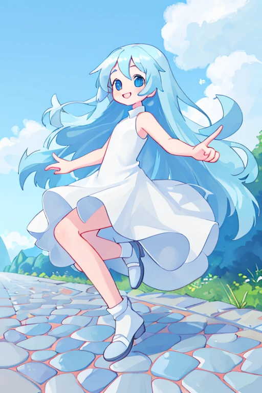 high resolution,high quality,Girl１people,Light blue hair,semi-long,Sleeveless dress,White dress,looking at the camera,smile,Perfect body,Full face,Full Finger,Cobblestone road,Blue sky,Low Gaze