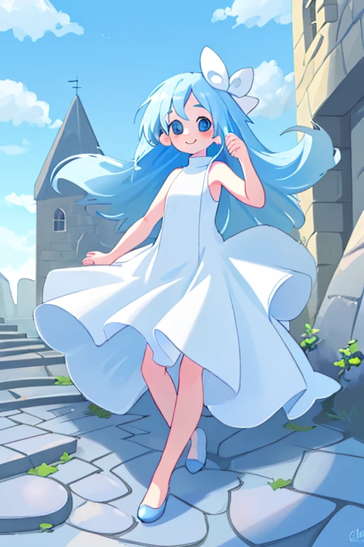 high resolution,high quality,Girl１people,Light blue hair,semi-long,Sleeveless dress,White dress,looking at the camera,smile,Perfect body,Full face,Full Finger,Cobblestone road,Blue sky,Low Gaze