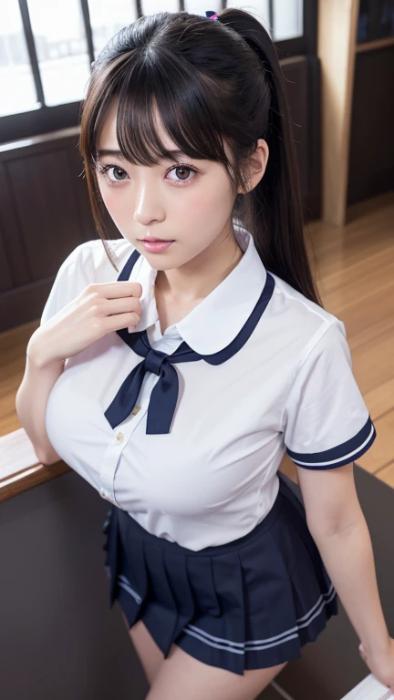 8K、Detailed Description、Very high definition、Realistic、reality的、Real、live-action、reality、High resolution、Nogizaka46、japanese idol,beautiful girl、21 years old、Top view、Mouth closed、ponytail、Knee-up-top angle of view、Japan Railway Station、school uniform、Short sleeve shirt、Checkered Skirt、半袖の高校の、Very black hair、pretty girl、Beauty、Glowing Skin、Glowing Skin、Shiny Hair、Very white skin、Heavy makeup、Large Breasts、Slit eyes、Big Eyes、Double eyelids、Don't show your teeth、Looking up、Bend over and look down here、smile、Carry a backpack
