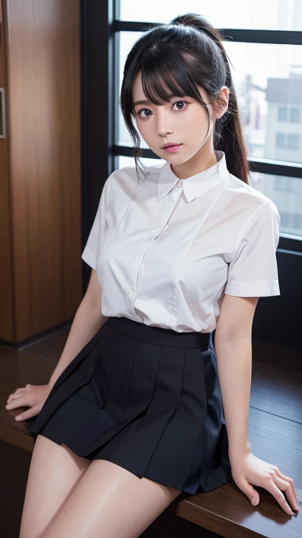 8K、Detailed Description、Very high definition、Realistic、reality的、Real、live-action、reality、High resolution、Nogizaka46、japanese idol,beautiful girl、21 years old、Top view、Mouth closed、ponytail、Knee-up-top angle of view、Japan Railway Station、school uniform、Short sleeve shirt、Checkered Skirt、半袖の高校の、Very black hair、pretty girl、Beauty、Glowing Skin、Glowing Skin、Shiny Hair、Very white skin、Heavy makeup、Large Breasts、Slit eyes、Big Eyes、Double eyelids、Don&#39;t show your teeth、Looking up、Bend over and look down here、smile、Carry a backpack