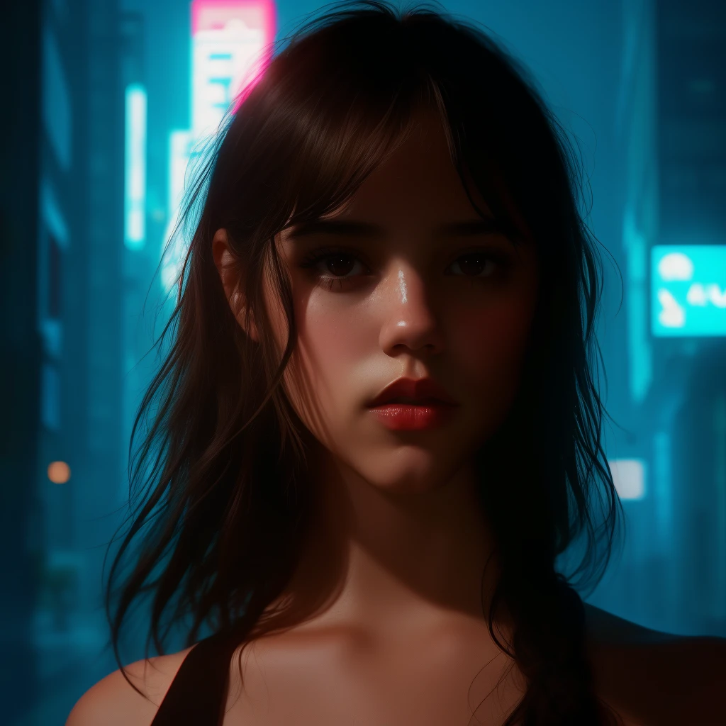 (detailed face, detailed eyes, clear skin, clear eyes), woman,1girl, atriz Jenna ortega, ((Jortega)) , dark hair, long hair, white skin, brown eyes, red lipstick, full body, looking at viewer, portrait, photography, detailed skin, realistic, photo-realistic, 8k, highly detailed, full length frame, High detail RAW color art, diffused soft lighting, shallow depth of field, sharp focus, hyperrealism, cinematic lighting, cyberpunk city, neon light, cyberpunk background.