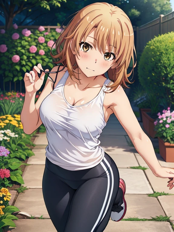 ((masutepiece, Best Quality, hight resolution, nffsw, Perfect Pixel, depth of fields, 4K, )), 1girl in, Solo, , Beautiful anime girl, Beautiful Art Style, 
jumping:1.3, garden, Looking at viewer. 
Perfect body, shy face, tilted forward:1.5, 

isshiki iroha, large breasts, Full face blush, blue yoga pants:1.3, white tank:1.3,
straight on:1.3, medium shot