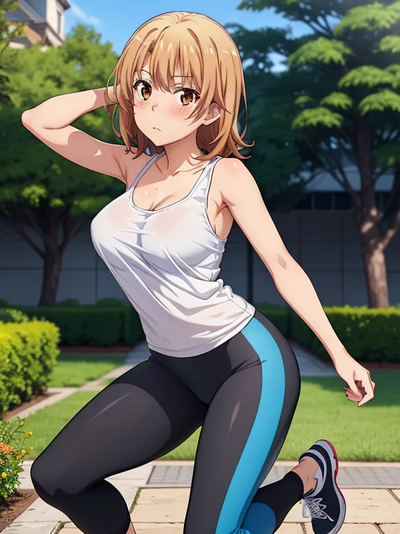((masutepiece, Best Quality, hight resolution, nffsw, Perfect Pixel, depth of fields, 4K, )), 1girl in, Solo, , Beautiful anime girl, Beautiful Art Style,
jumping:1.3, garden, Looking at viewer.
Perfect body, shy face, tilted forward:1.5,
isshiki iroha, large breasts, Full face blush, blue yoga pants:1.3, white tank:1.3,
straight on:1.3, medium shot