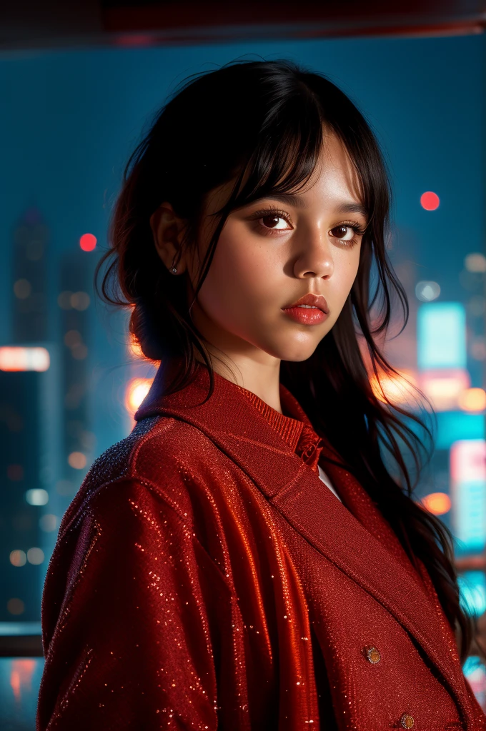 (detailed face, detailed eyes, clear skin, clear eyes), woman,1girl, atriz Jenna ortega, ((Jortega)) , dark hair, long hair, white skin, brown eyes, red lipstick, full body, looking at viewer, portrait, photography, detailed skin, realistic, photo-realistic, 8k, highly detailed, full length frame, High detail RAW color art, diffused soft lighting, shallow depth of field, sharp focus, hyperrealism, cinematic lighting, cyberpunk city, neon light, cyberpunk background.