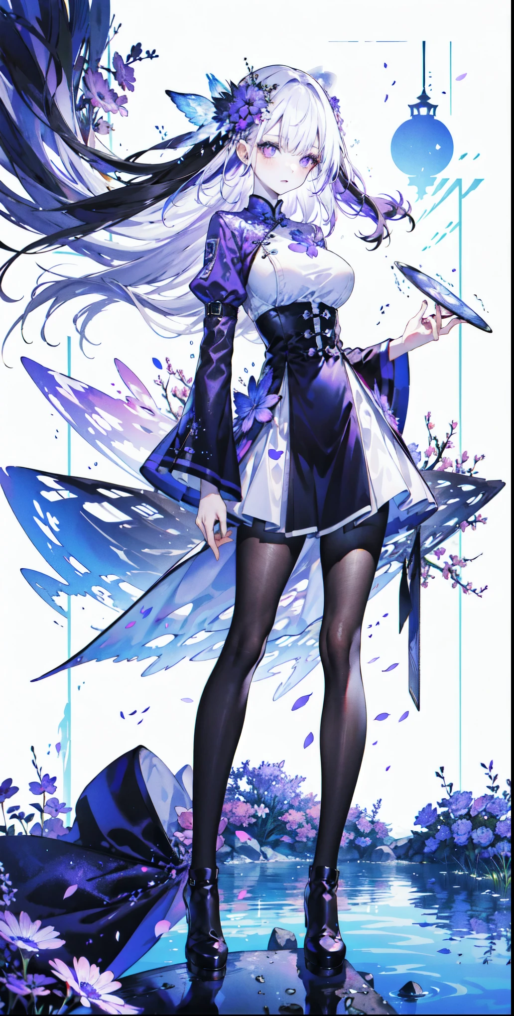 （（masterpiece：1.4，best quality）），（Super detailed），（Extremely detailed eyes），（black leggings，Shiny socks：1.5），Hello Darkness ((Sexy Girl，Large Breasts))，（Blood-red pupils，Diamond-shaped pupil：1.15），Purple Eyeshadow，（elongated hair，Thick hair，shiny hair：1.5）（By changing：1.2），White skin，tilt head to one side，kneel （She wears blue armor，Tight cheongsam，：1.5），Very long plush sleeves，White，White Cloud，Dream bubbles ，Ice and glitter effects （Black long skirt：1.1）， （dawn：1.2）， （Intense black and white：1.16），（Depth of Field：1.4），，Intricate details，(Castle in the Sky，Standing by the lake，Purple flowers by the lake)