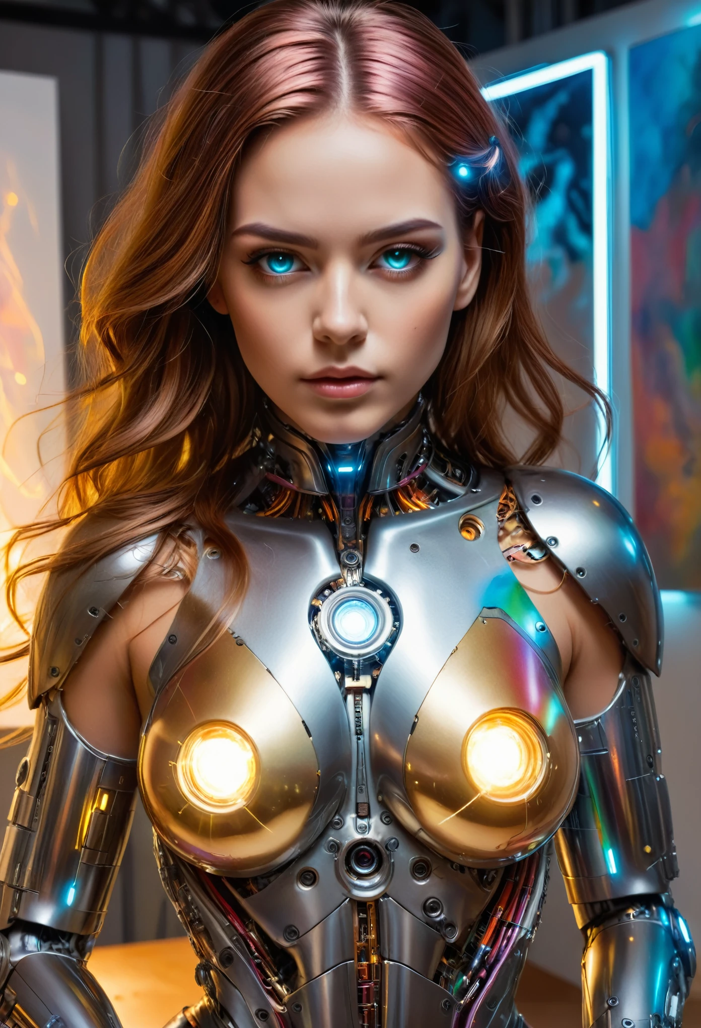 A cyborg girl stands in the center of a large bright studio and is engaged in creating her self-portrait on canvas. She is depicted in all her majestic beauty and elegance. Her metallic skin reflects the light, creating a play of hues and highlights like an expensive piece of jewelry.
Her long metal hair frames her face, giving her a mysterious and alluring look. Her bright eyes, in which light shimmers, stare straight ahead with confidence and the strain of creative inspiration.
The cyborg girl is depicted in a graceful pose, showing off her grace and strength as well as the fine workings of her mechanical limbs. Her hands hold brushes and are immersed in the creative process of creating a stunning work of art.
The outline of the self-portrait she is creating with oil paints is already outlined on the canvas. The drawing begins to come to life under her dexterous fingers, gaining depth and volume, and the coating of color fills the canvas with bright hues and rich colors.
This entire moment is captured in a gorgeous and amazing scenario that combines the beauty of art, power and technological advancement to make the cyborg girl a unique and inspiring image.