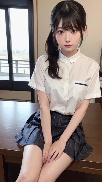 8K、Detailed Description、Very high definition、Realistic、reality的、Real、live-action、reality、High resolution、Nogizaka46、japanese idol,beautiful girl、21 years old、Top view、Mouth closed、ponytail、Knee-up-top angle of view、Japan Railway Station、school uniform、Short sleeve shirt、beige plaid skirt、半袖の高校の、Very black hair、pretty girl、Beauty、Glowing Skin、Glowing Skin、Shiny Hair、Very white skin、Heavy makeup、Large Breasts、Slit eyes、Big Eyes、Double eyelids、Don't show your teeth、Looking up、Bend over and look down here、smile、Carry a backpack