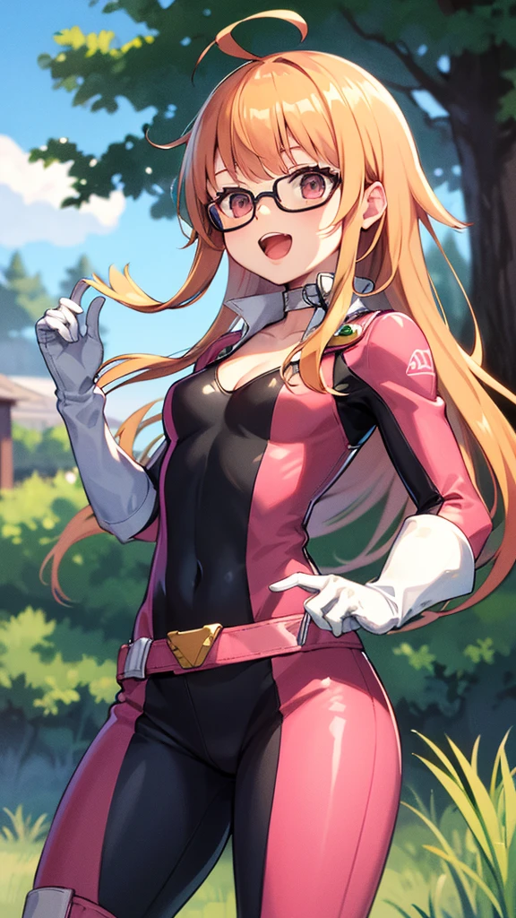 masterpiece, best quality, highres, TAKEBAARENA, PINK BODYSUIT, WHITE GLOVES, CHOKER, CLEAVAGE, futabasakura, blunt bangs, glasses, black-framed eyewear, ahoge, small breasts, bodysuit, black bodysuit, gloves, gloves with green fingertips, green boots, goggles, goggles on head, belt, happy, open mouth, cowboy shot, outdoors, forest