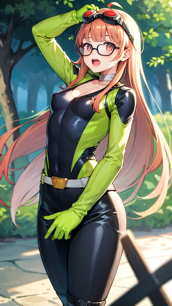 masterpiece, best quality, highres, TAKEBAARENA, PINK BODYSUIT, WHITE GLOVES, CHOKER, CLEAVAGE, futabasakura, blunt bangs, glasses, black-framed eyewear, ahoge, small breasts, bodysuit, black bodysuit, gloves, gloves with green fingertips, green boots, goggles, goggles on head, belt, happy, open mouth, cowboy shot, outdoors, forest